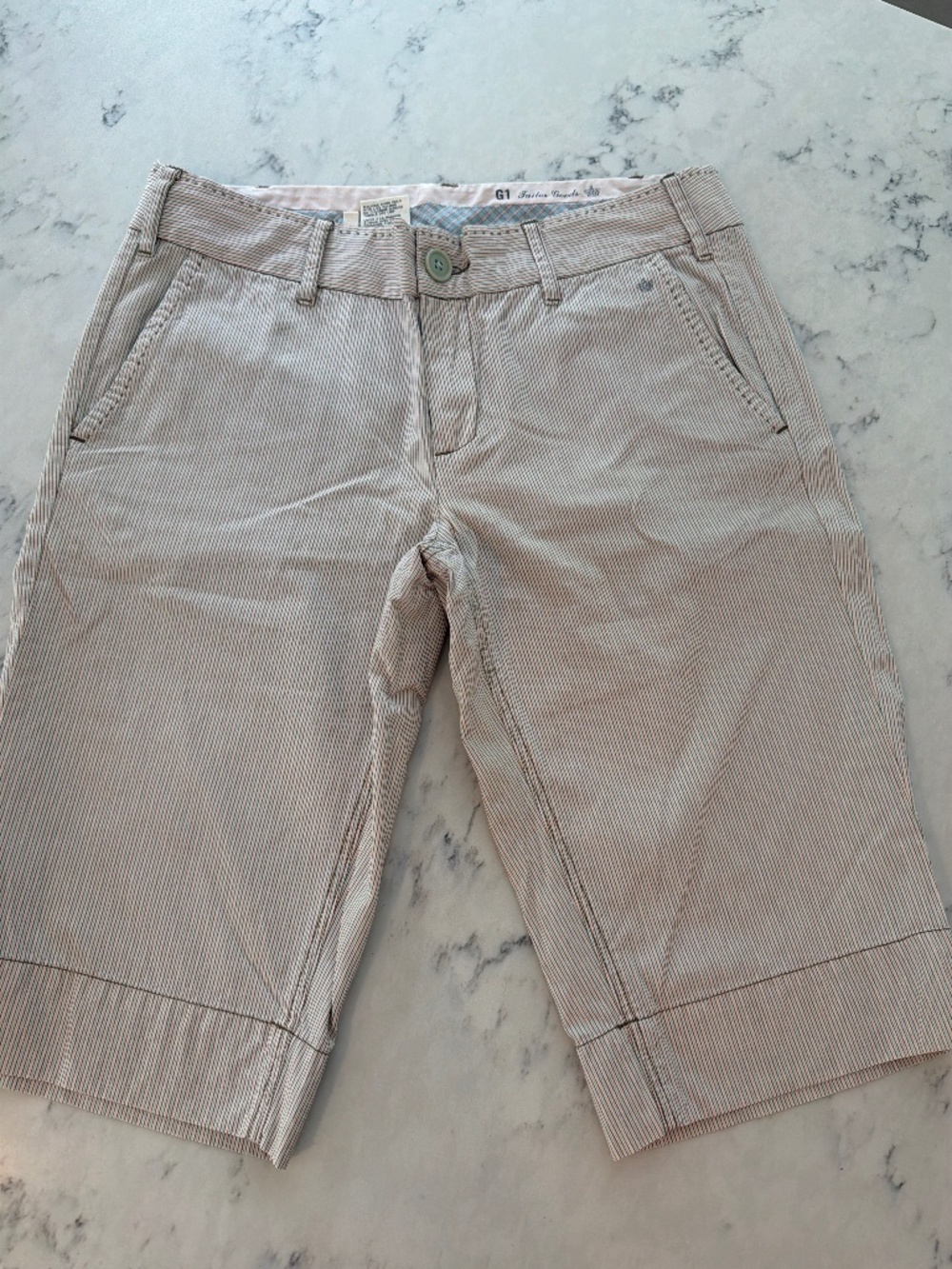 Women’s G1 Tailor Goods Bermuda Shorts in light pink and blue stripe